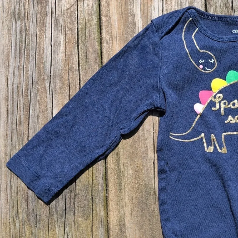 Carter's 18 Month Sparkle Saurus Long Sleeve Blue Onesie Bodysuit